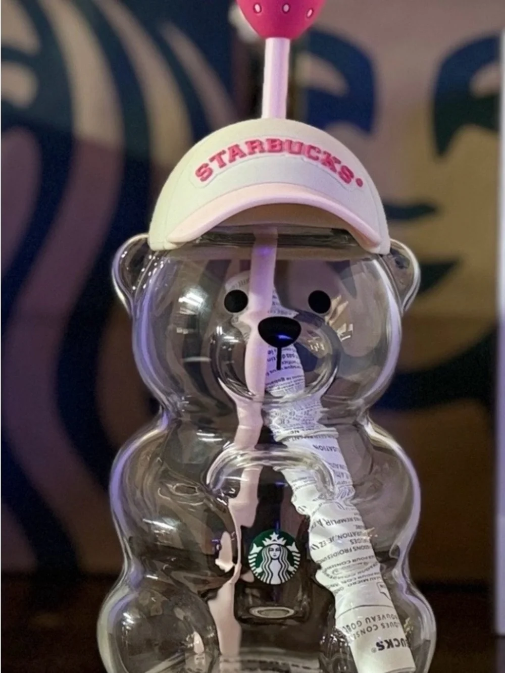 Starbucks Clear Bear Cup with Pink Hat and Straw